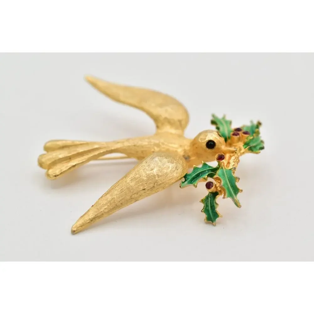 Mylu Vintage Christmas Bird Pin Brooch Brushed Gold Holiday Signed 1950s BinBK